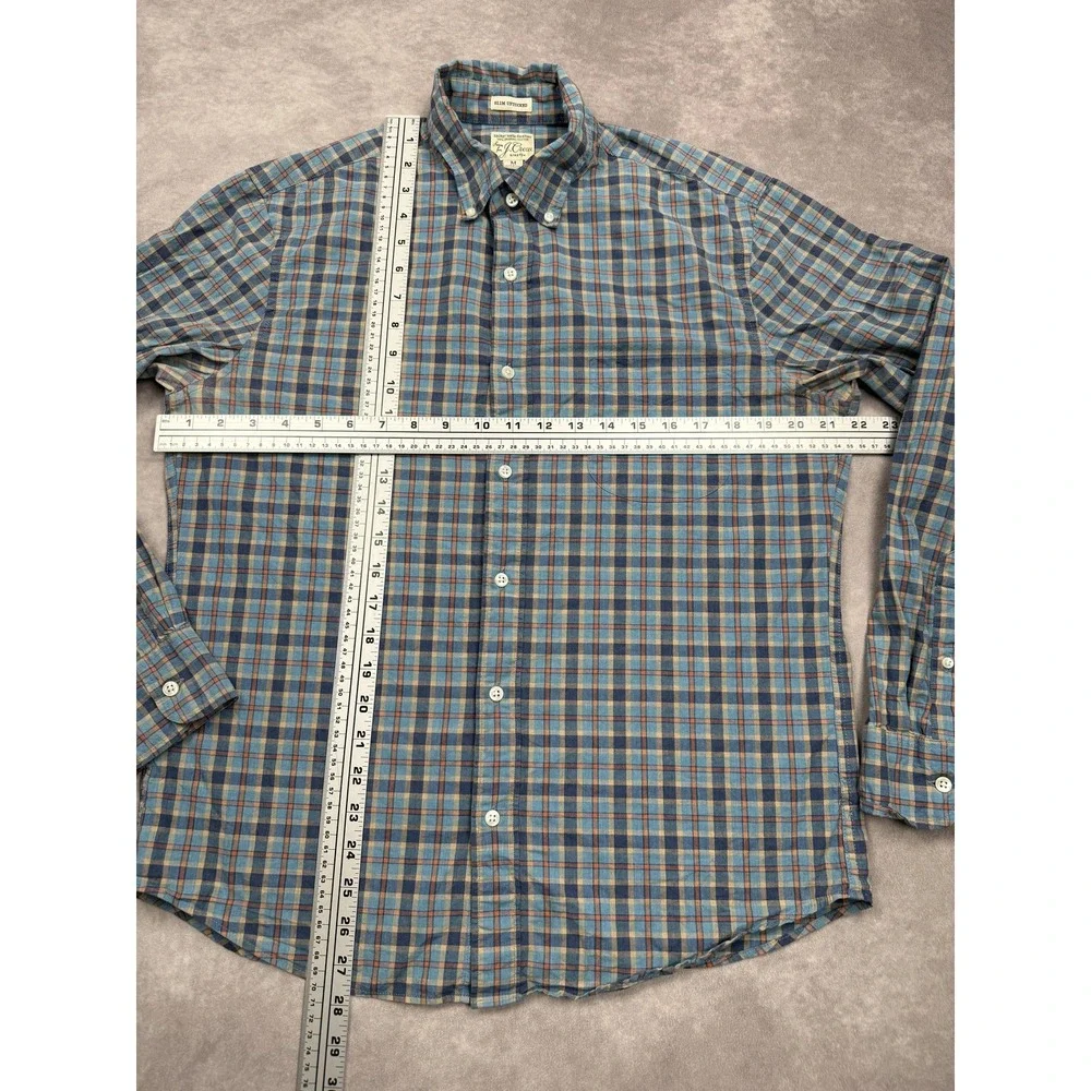 J Crew Shirt Mens Medium Blue Plaid Slim Untucked Organic Cotton‎ Stretch Casual